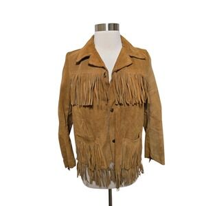 Vintage Womens Suede Leather Fringe Jacket Western Brown